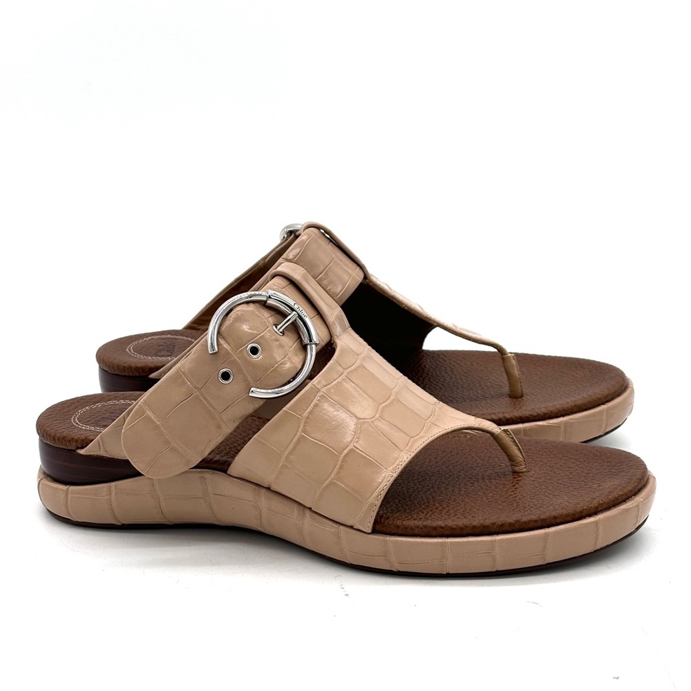 Chloe Croc-Embossed Beige Leather Toe-Post Sandals with Silver Buckle